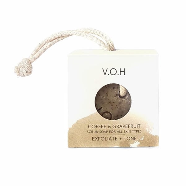 voh coffee & grapefruit scrub soap on a rope 90g